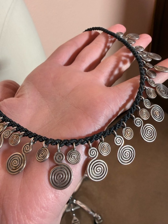 Vintage Y2K Sterling Silver Spiral Tribal Black cord choker Necklace Festival